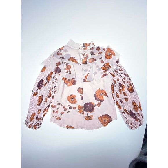 Women's Chelsea28 Floral Sheer Blouse w/ Ruffled Collar &‎ Pleated Sleeves M Med - Picture 9 of 11